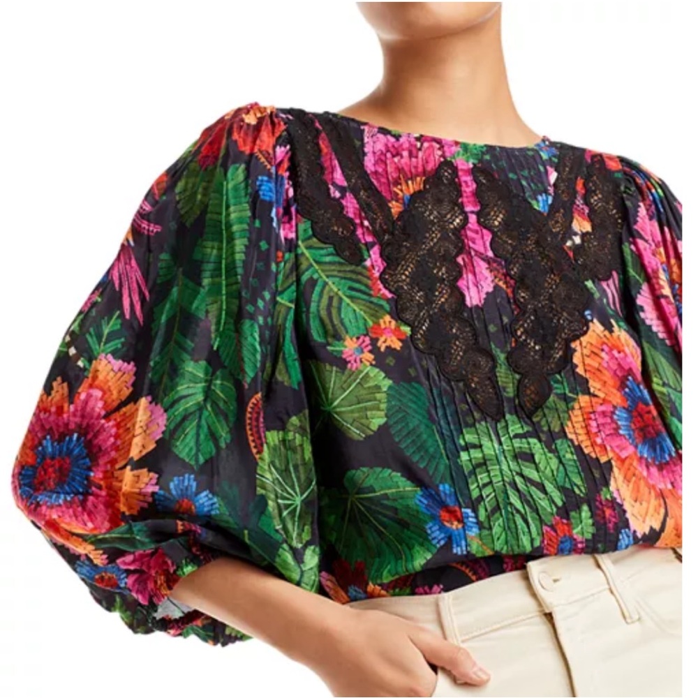 FARM Rio Blooming Garden Lace Trim Floral Blouse